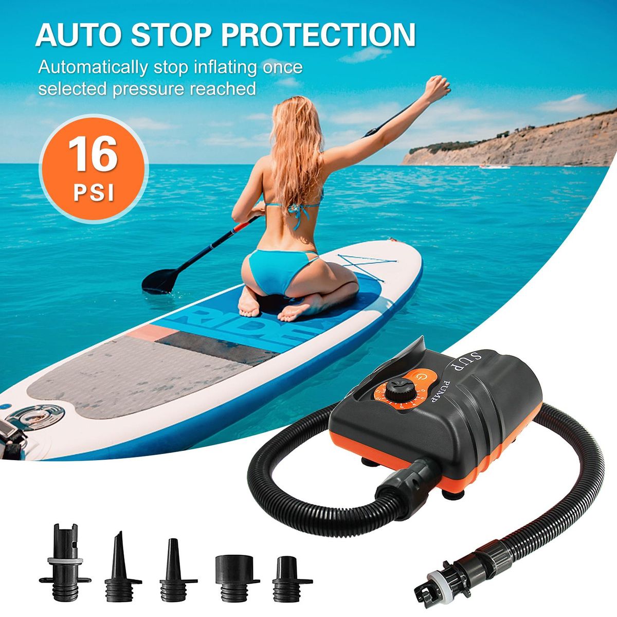 16PSI Electric Inflation Air Pump with 6PCS Nozzles for Inflatable SUP and Boat