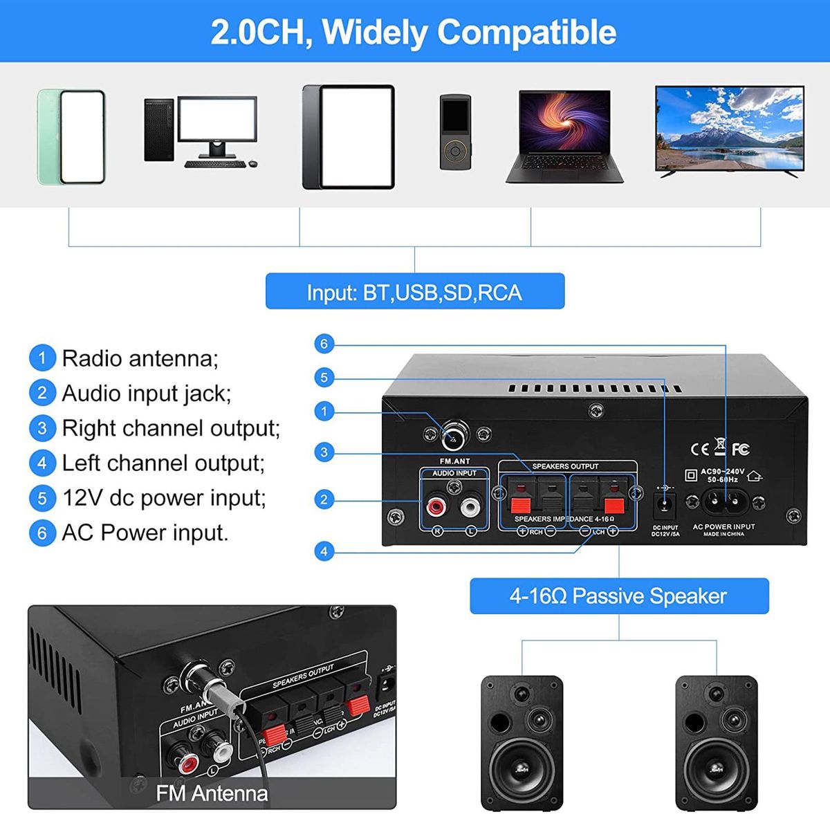 AK45 Home Audio Amplifier With Mic With Blue Light Stereo