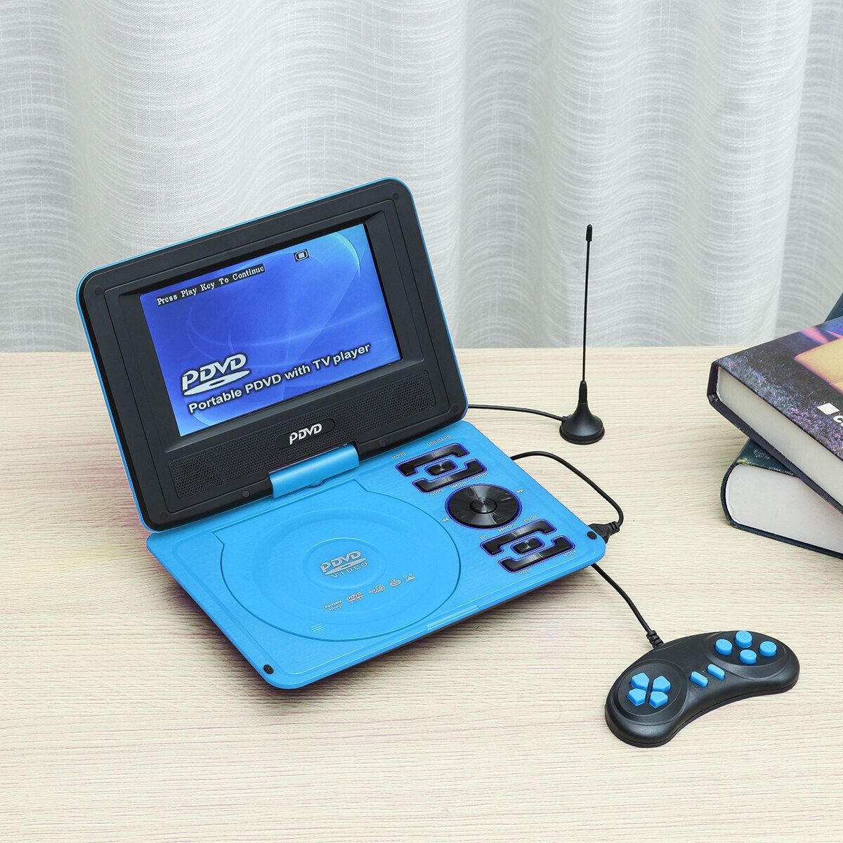 Portable 7'' HD CD DVD Player Car Swivel Screen Rechargeable SD/USB Card Reader Blue