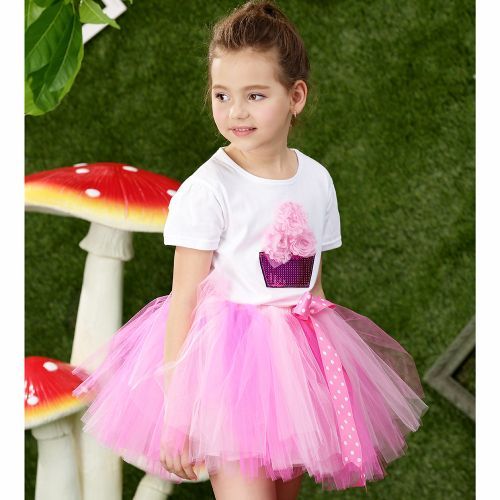 Girls Princess Dress [Flower T-shirt*Skirt*Short Sleeve Two-Piece Set]-Pink
