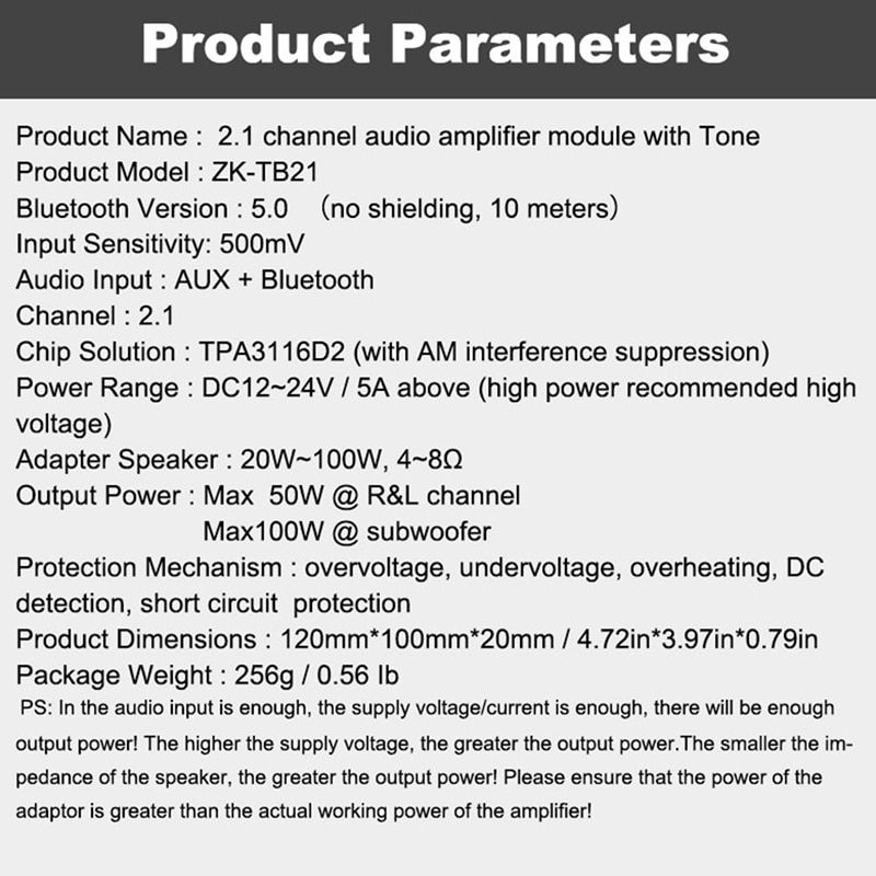 ZK-TB21 TPA3116D2 Bluetooth 5.0 Subwoofer Amplifier Board 50WX2+100W 2.1 Channel Power O Stereo Amplifier Board