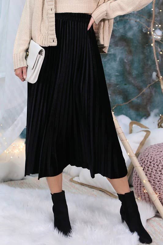 Ladies Velvet Pleated Skirt - Black