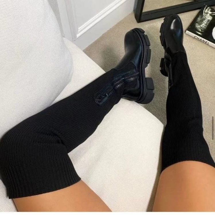 Over The Knee Women Boots Women's Thick Heel Slim Fit Winter Velvet Stretch Boots High Heels Large Size Suede Boots Botas Mujer(#Black)