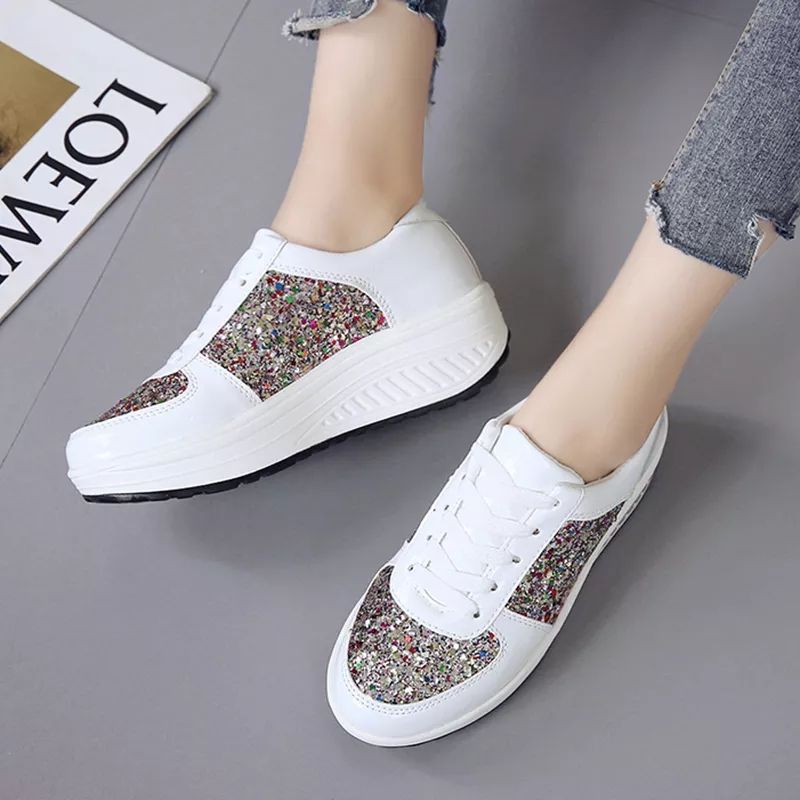 Blings Fashion Ladies Sneakers With Sequence - White
