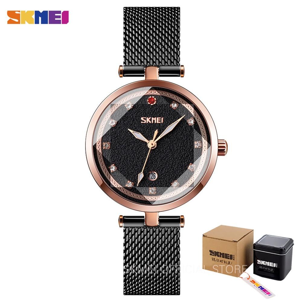 Diamond Elegant Womens Three Dimensional Glass Luminous Pointer Wrist Watch Mesh Band