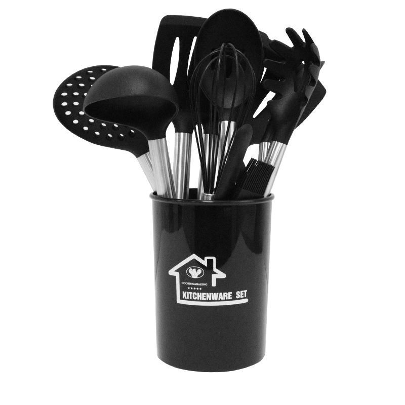 Silicone Kitchenware Set 15 Pieces Silicone Utensils Non-stick Spatula Cooking Premium Quality with Stainless Steel Handle Black