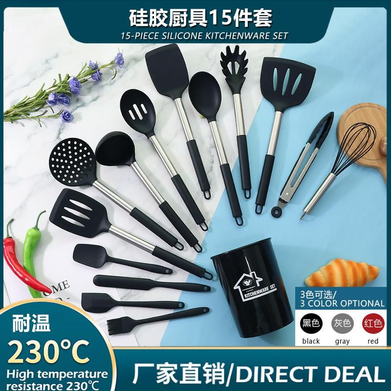 Silicone Kitchenware Set 15 Pieces Silicone Utensils Non-stick Spatula Cooking Premium Quality with Stainless Steel Handle Black