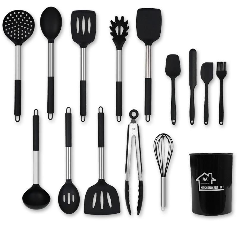Silicone Kitchenware Set 15 Pieces Silicone Utensils Non-stick Spatula Cooking Premium Quality with Stainless Steel Handle Black