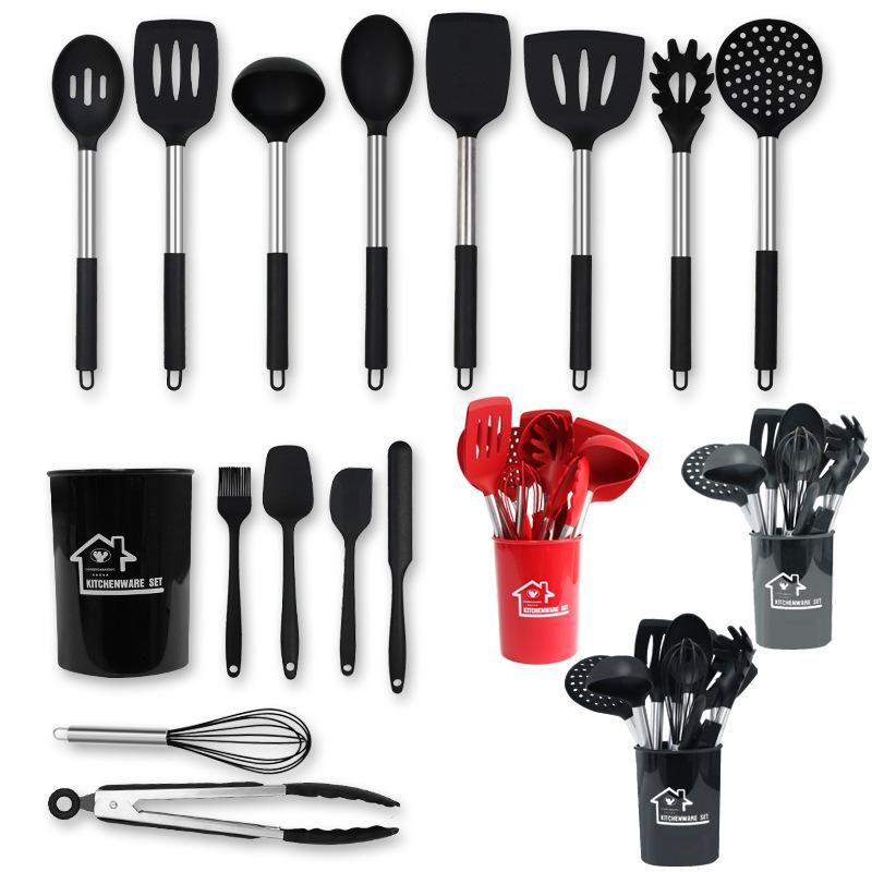 Silicone Kitchenware Set 15 Pieces Silicone Utensils Non-stick Spatula Cooking Premium Quality with Stainless Steel Handle Black