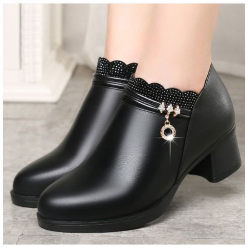 Ladies Fashion Thick Heel Shoes-Black