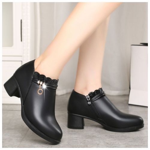 Ladies Fashion Thick Heel Shoes-Black