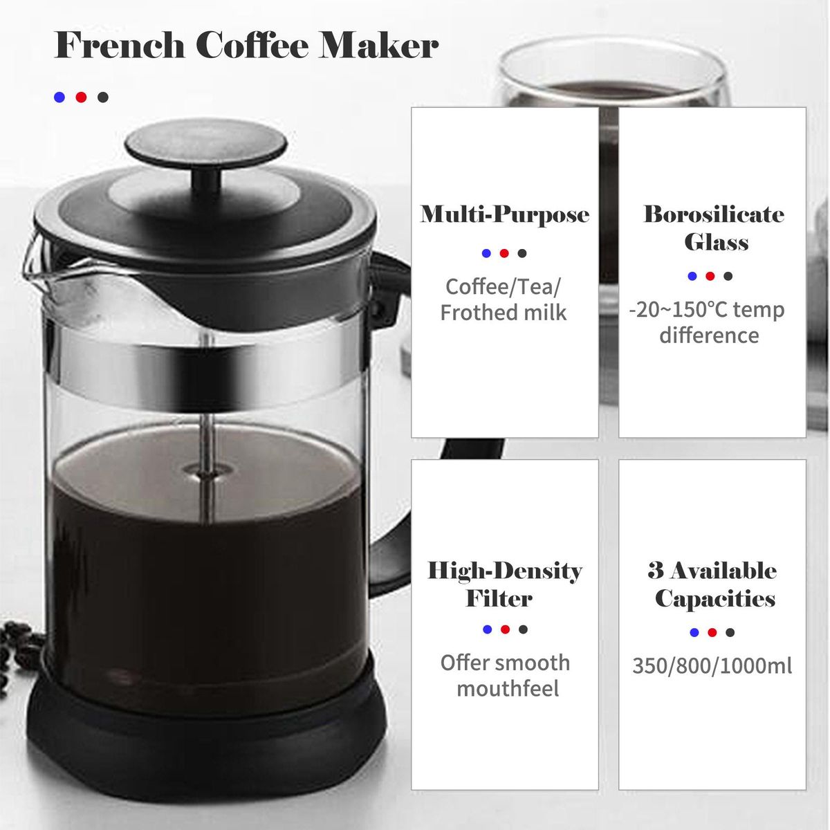 French Press Coffee&Tea Maker Heat Resistant Borosilicate Coffee Pot for Home Office High-Density Stainless Steel Filter, 800ml
