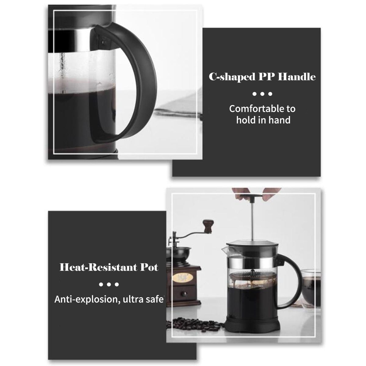 French Press Coffee&Tea Maker Heat Resistant Borosilicate Coffee Pot for Home Office High-Density Stainless Steel Filter, 800ml