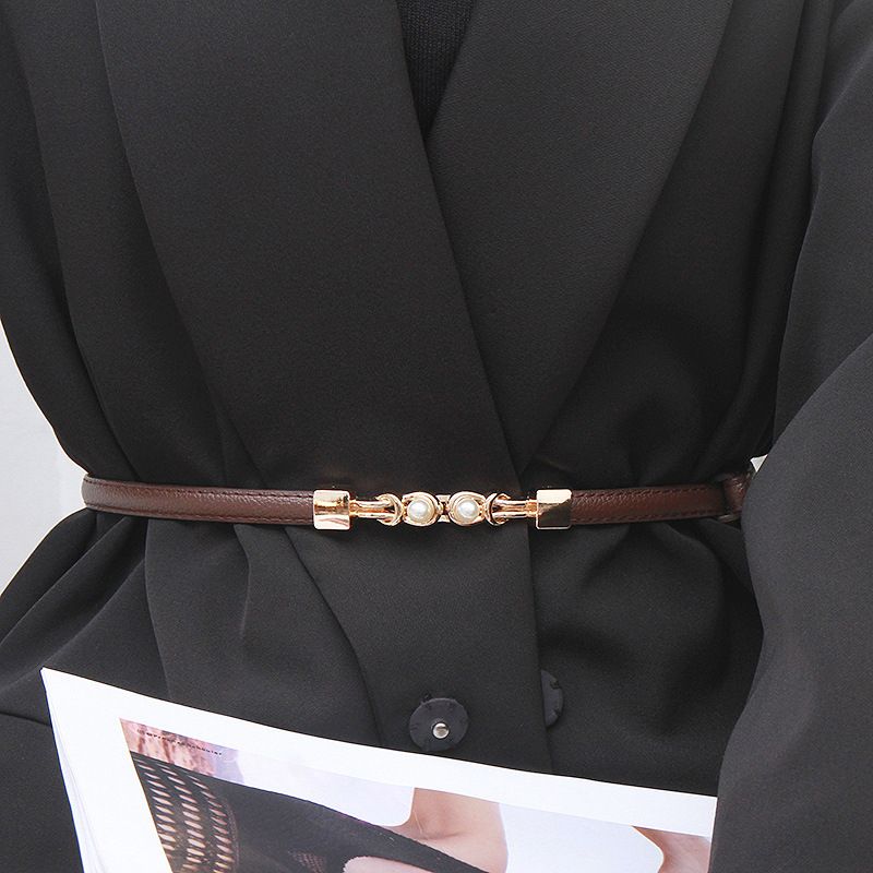 Ladies Belt Pearl Buckle  Waist Belt-Brown