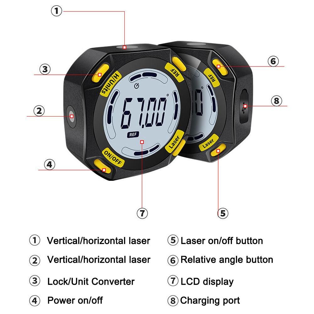 5-Sided Strong Magnetic Inclinator Digital Level and Angle Finder Versatile 4 * 90° Inclinometer LCD Display Dipmeter Gauge 4 Unit Switchable with Two Laser Lines