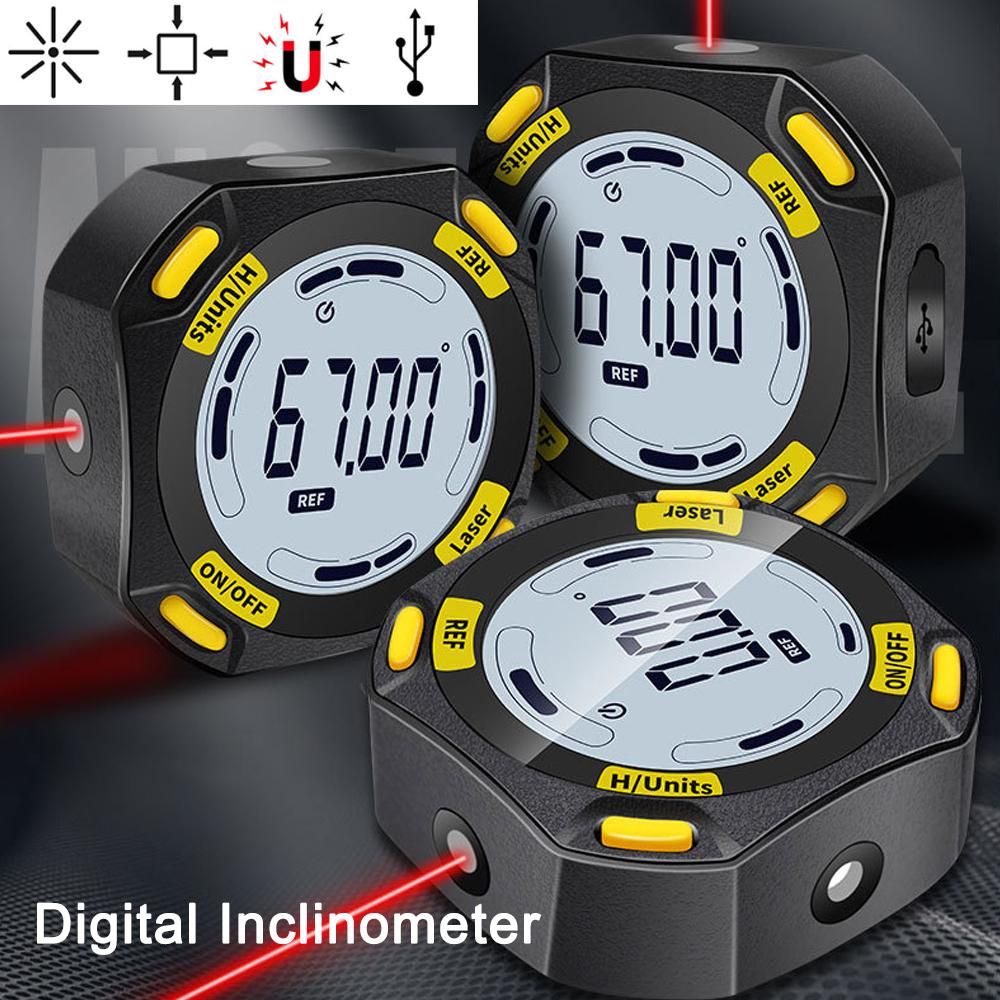 5-Sided Strong Magnetic Inclinator Digital Level and Angle Finder Versatile 4 * 90° Inclinometer LCD Display Dipmeter Gauge 4 Unit Switchable with Two Laser Lines