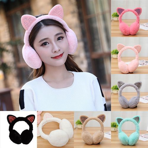 Lovely Women Girl Fur Winter Cute Ear Warmer Earmuffs Cat Ear Muffs Glitter Sequin Earflaps Soft Plush Earmuffs Warm Headband(#A)