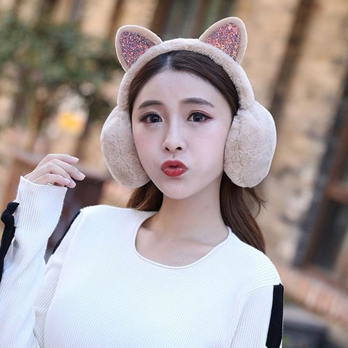 Lovely Women Girl Fur Winter Cute Ear Warmer Earmuffs Cat Ear Muffs Glitter Sequin Earflaps Soft Plush Earmuffs Warm Headband(#A)