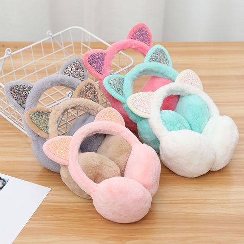 Lovely Women Girl Fur Winter Cute Ear Warmer Earmuffs Cat Ear Muffs Glitter Sequin Earflaps Soft Plush Earmuffs Warm Headband(#A)