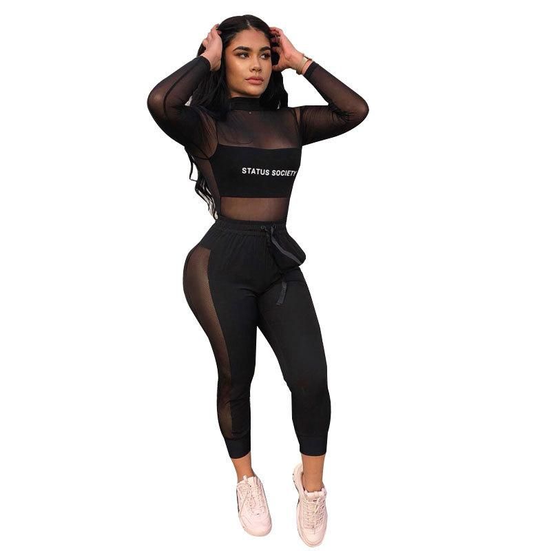 Yx9030 Independent Station Sexy New Gauze Stitching Letters Two-Piece Casual Suit