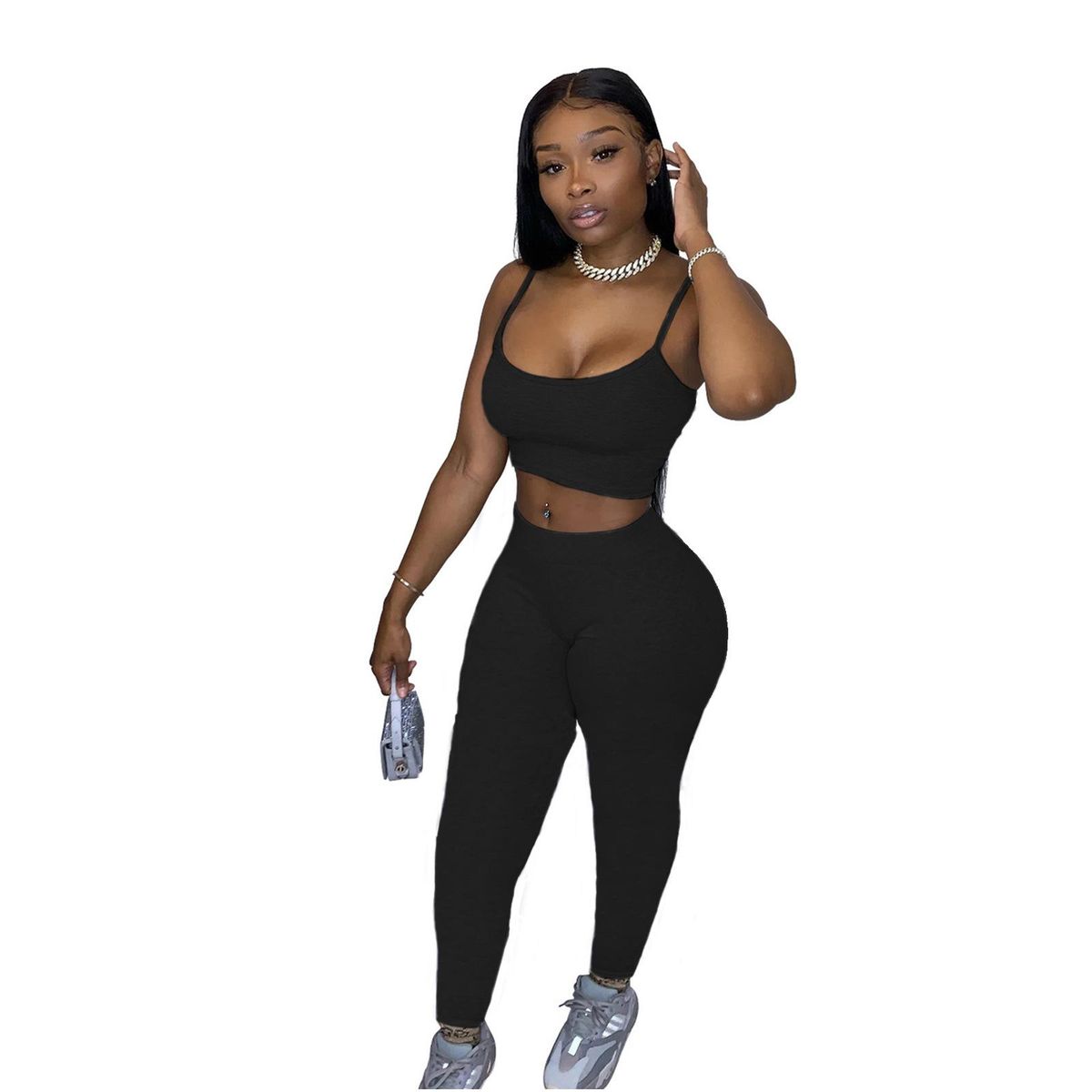 D9285 Hot-Sale Women's Clothing Casual Sports Solid Color Suspender Trousers Two-Piece Set
