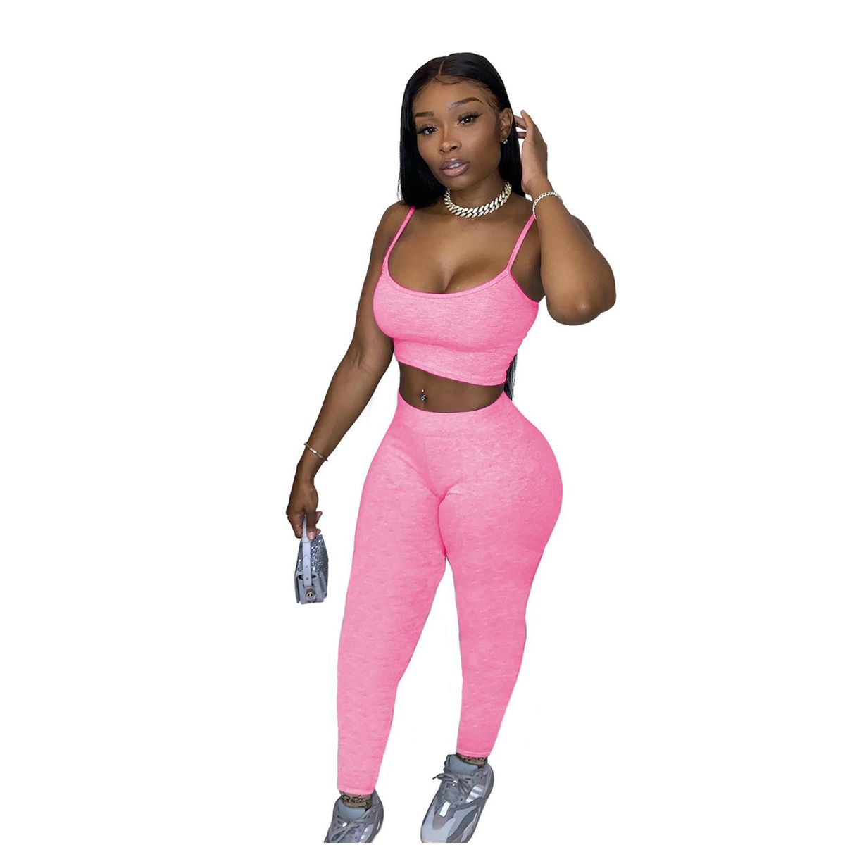 D9285 Hot-Sale Women's Clothing Casual Sports Solid Color Suspender Trousers Two-Piece Set