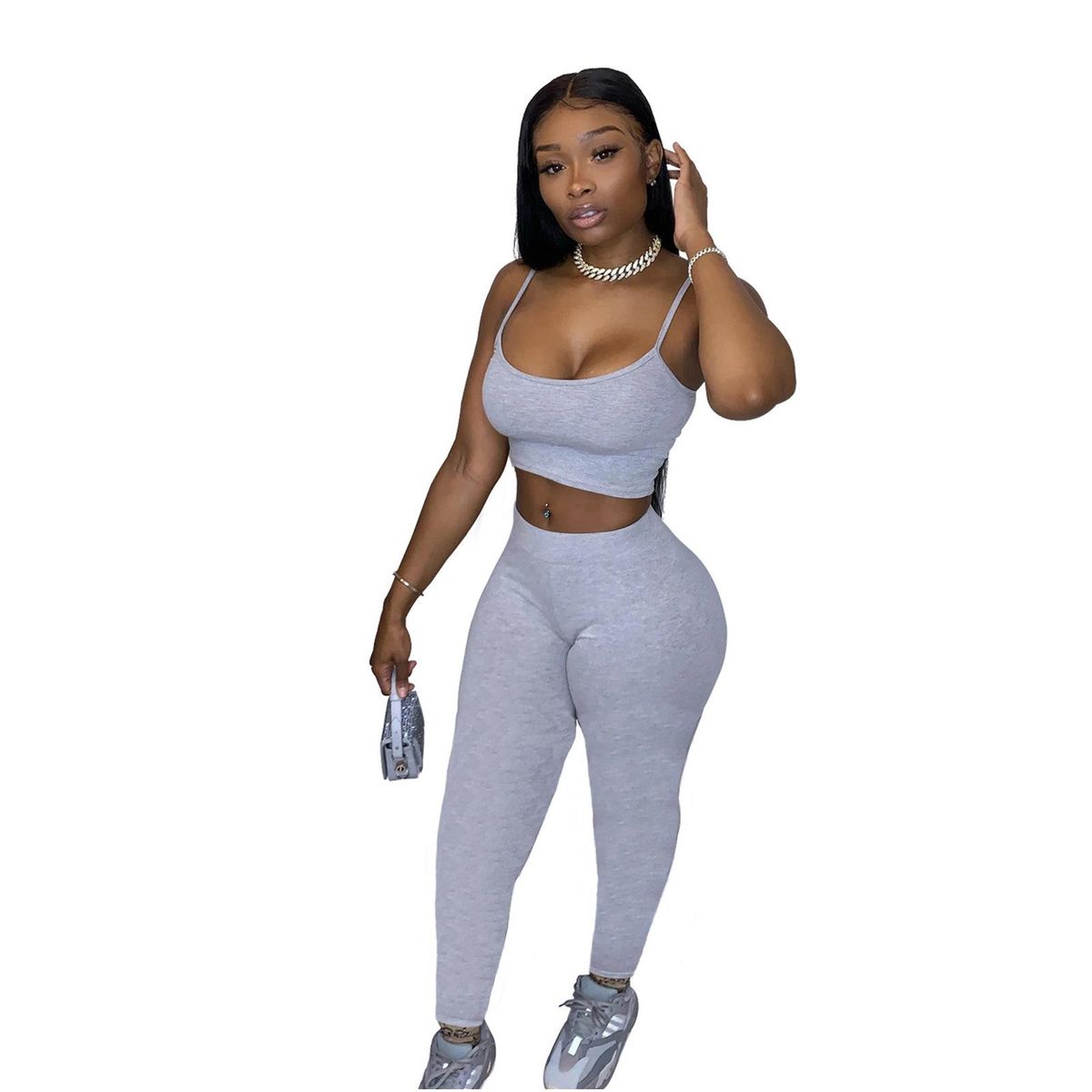 D9285 Hot-Sale Women's Clothing Casual Sports Solid Color Suspender Trousers Two-Piece Set