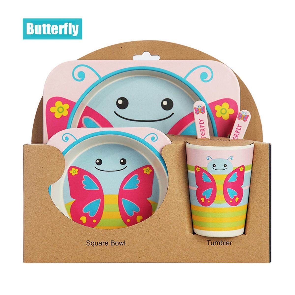 5 Set Bamboo Fiber Baby Plate Bowl Cup Forks Spoon Kids Food Feeding Tableware Butterfly