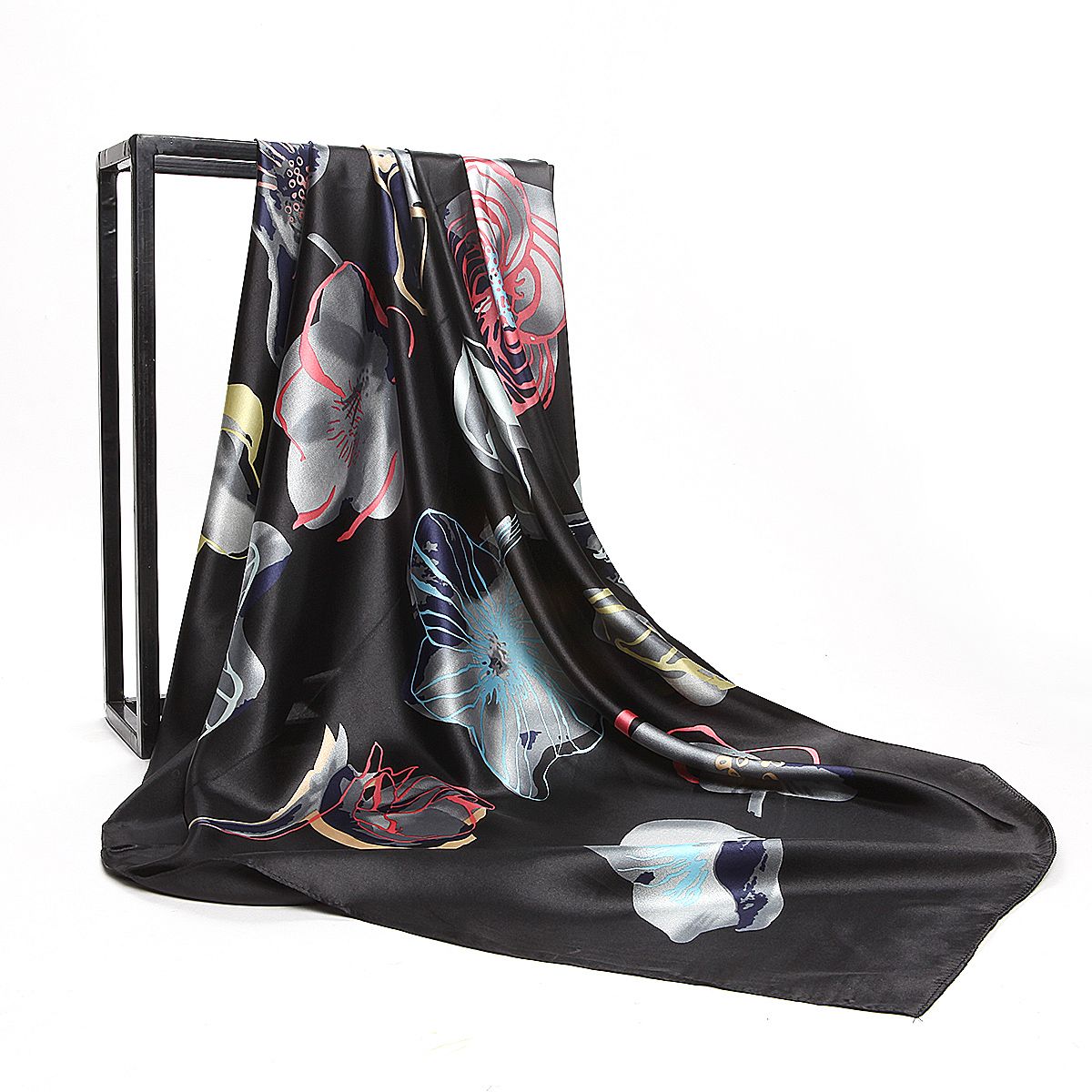 Bandana Scarf Silk Large Square Shawl Women Floral Shiny Lady Muslim Hijab Black