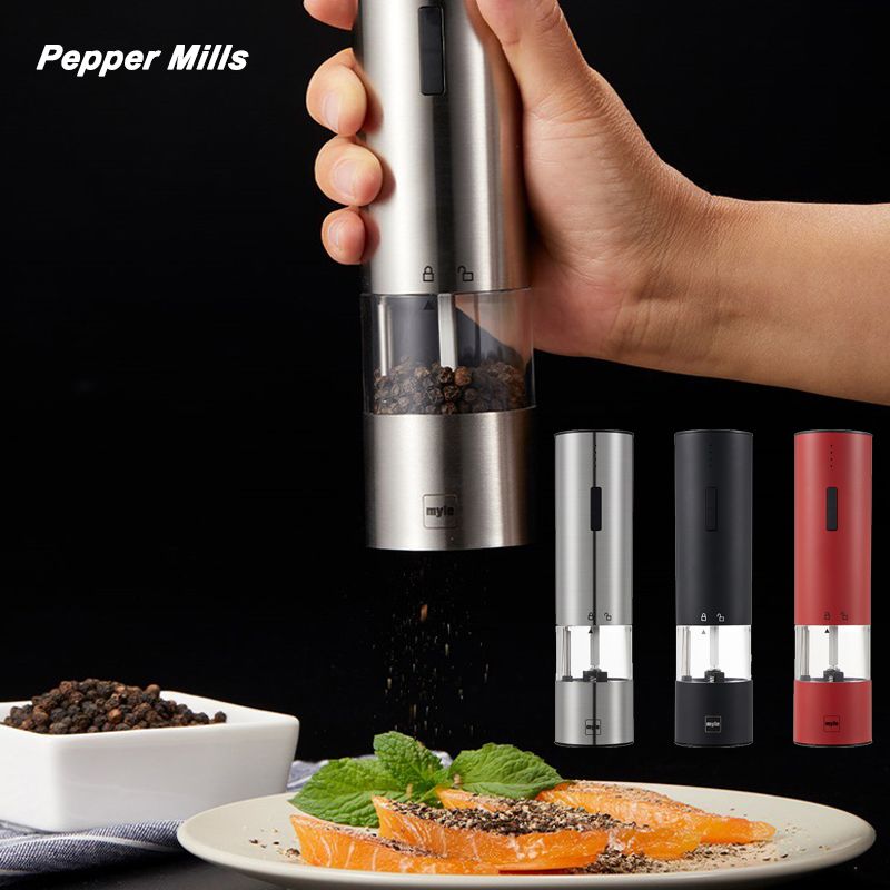 （Red）Electric Automatic Salt Pepper Grinder Weed Plastic Ceramic Burr Mill For Herb Pepper Spice Adjustable Kitchen Grinding Gadgets GRE