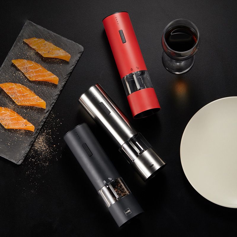 （Red）Electric Automatic Salt Pepper Grinder Weed Plastic Ceramic Burr Mill For Herb Pepper Spice Adjustable Kitchen Grinding Gadgets GRE