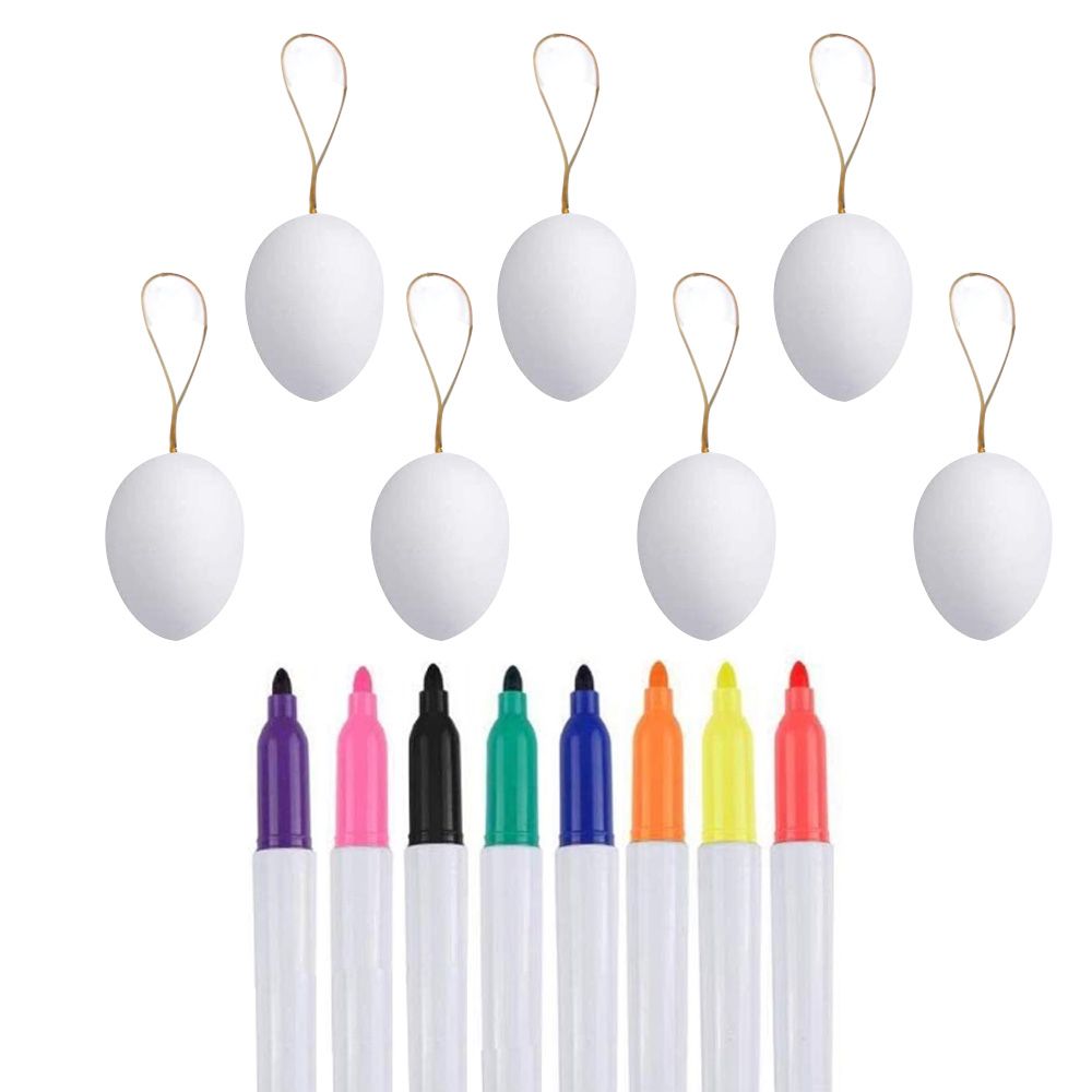 50pcs DIY Easter Eggs 8pcs Color Pens Hanging White Plastic