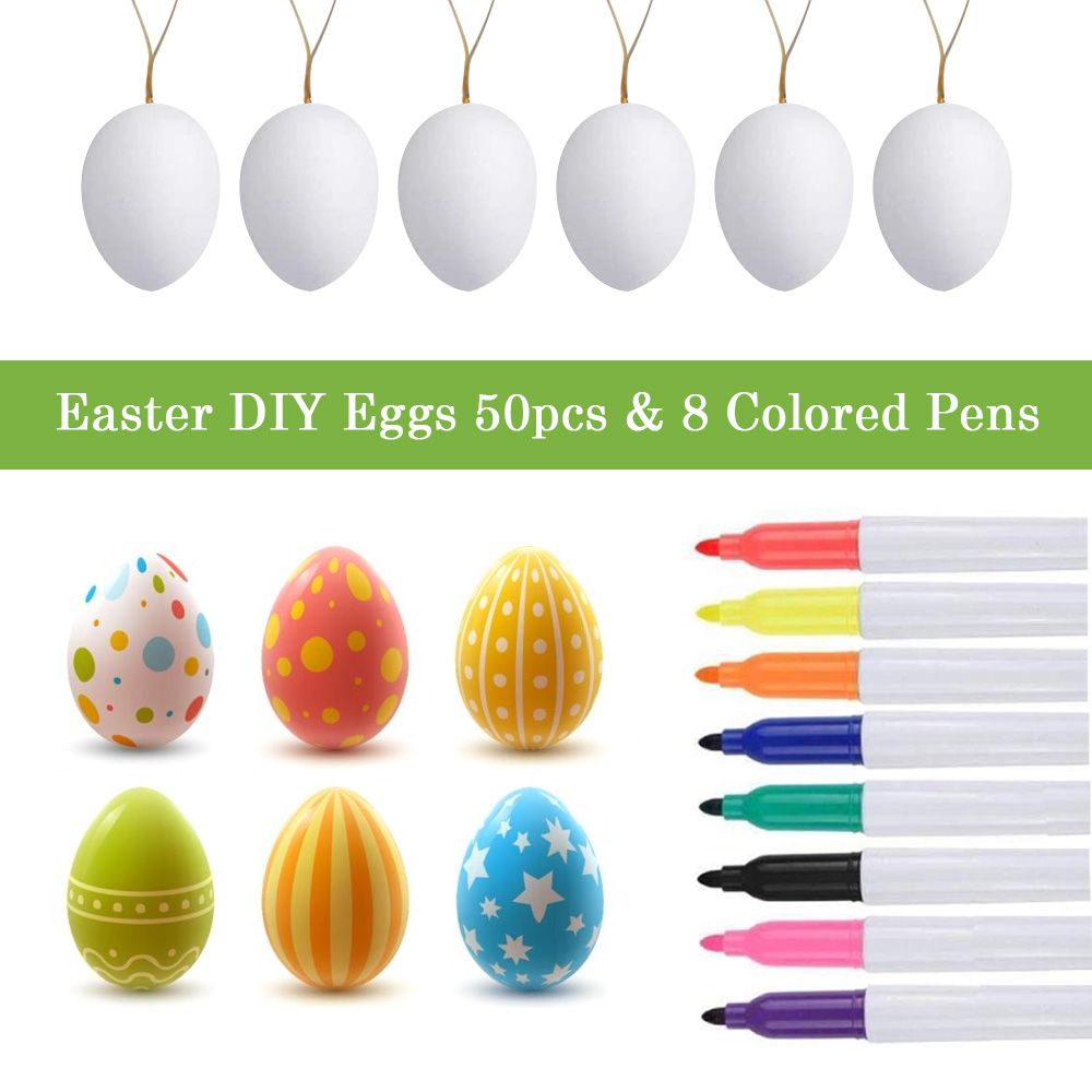 50pcs DIY Easter Eggs 8pcs Color Pens Hanging White Plastic