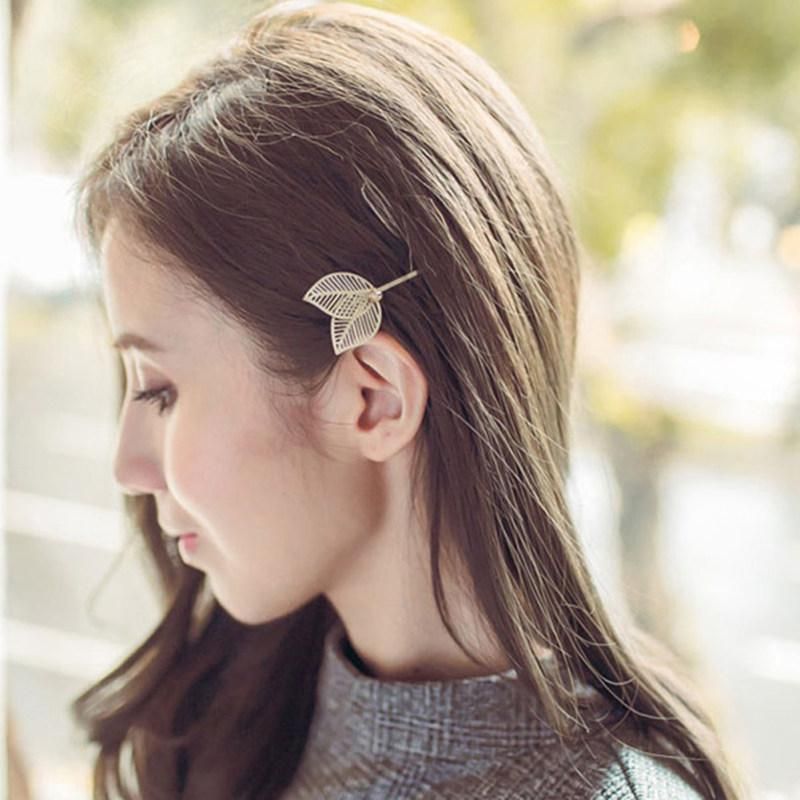 Elegant Leaves Hollow Out Hairpin Slide Clip Women-Silver