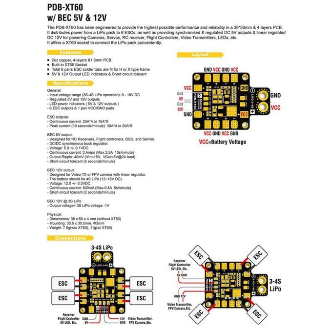 PDB-XT60 Dual BEC 5V/2A 12V/0.5A Output Power Distribution-