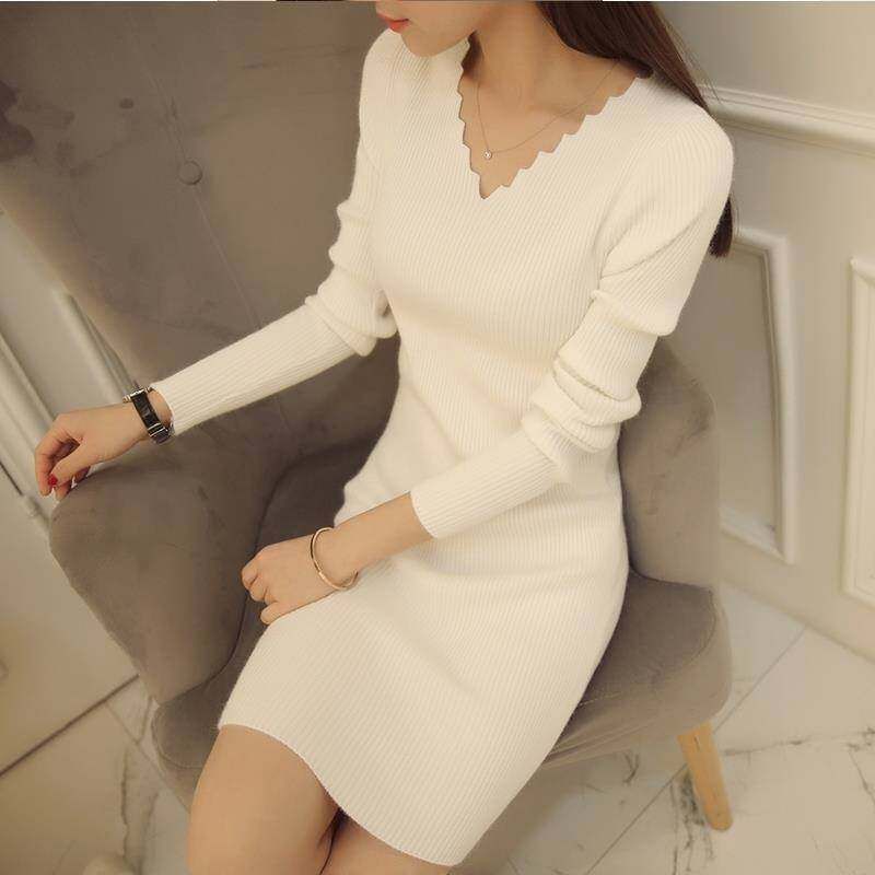 Autumn And Winter V Collar Needle Knitted Dress 2020 New