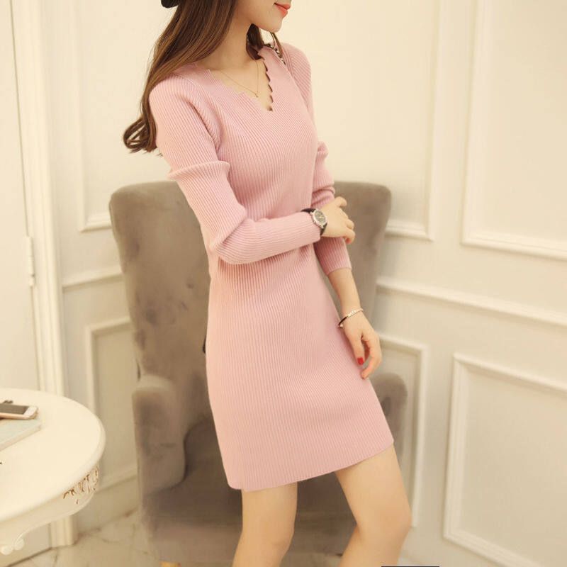 Autumn And Winter V Collar Needle Knitted Dress 2020 New