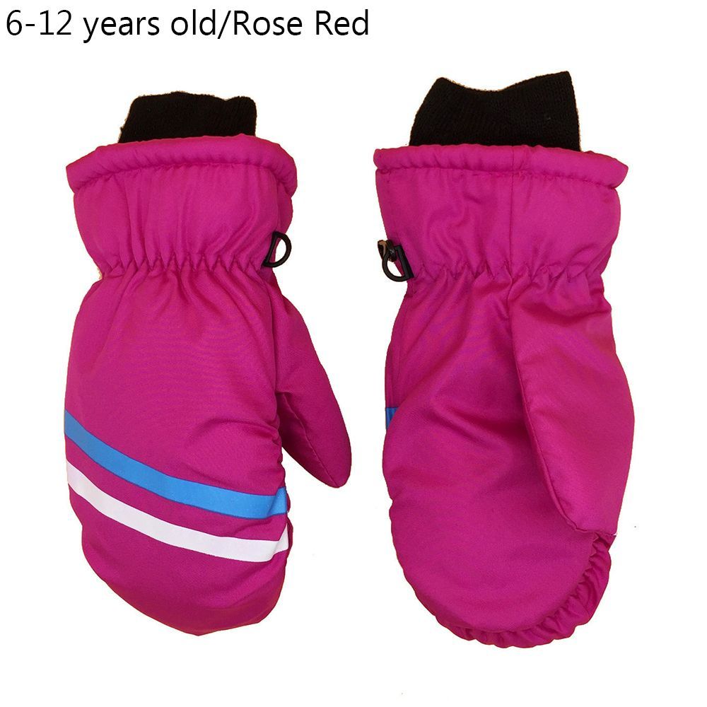 (Rose Red)Children Winter Snow Warm Gloves Boy Girls Ski Snowboard Windproof Waterproof Thicken Mitten Kids Keep Warm Non-slip Gloves