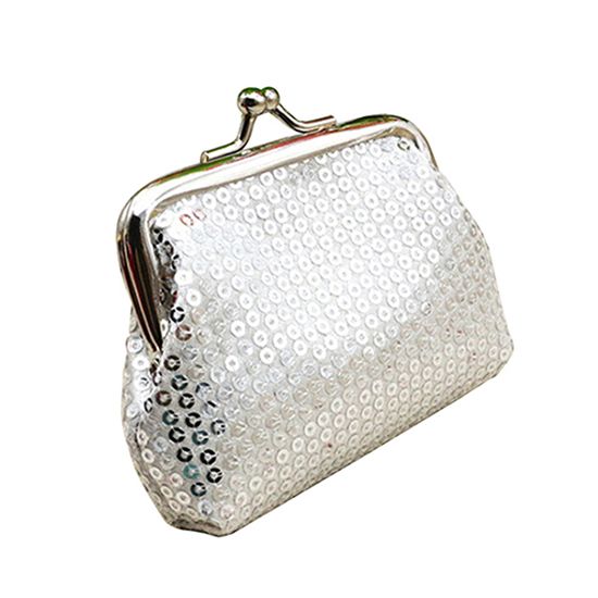 Women Sequins Buckle Mini Change Coin Purse-Silver