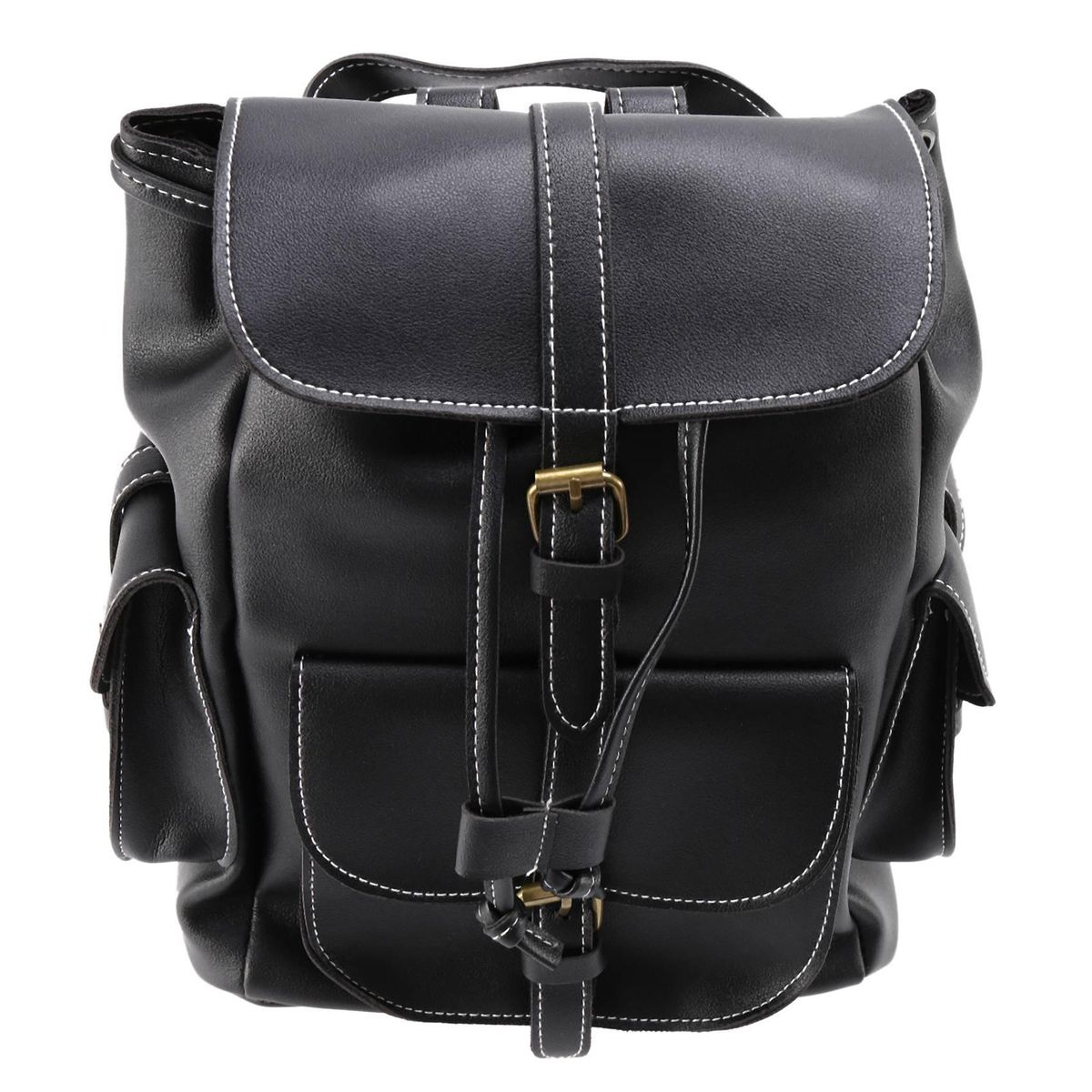Ladies Drawstring Leather Retro School Bag Backpack, Black
