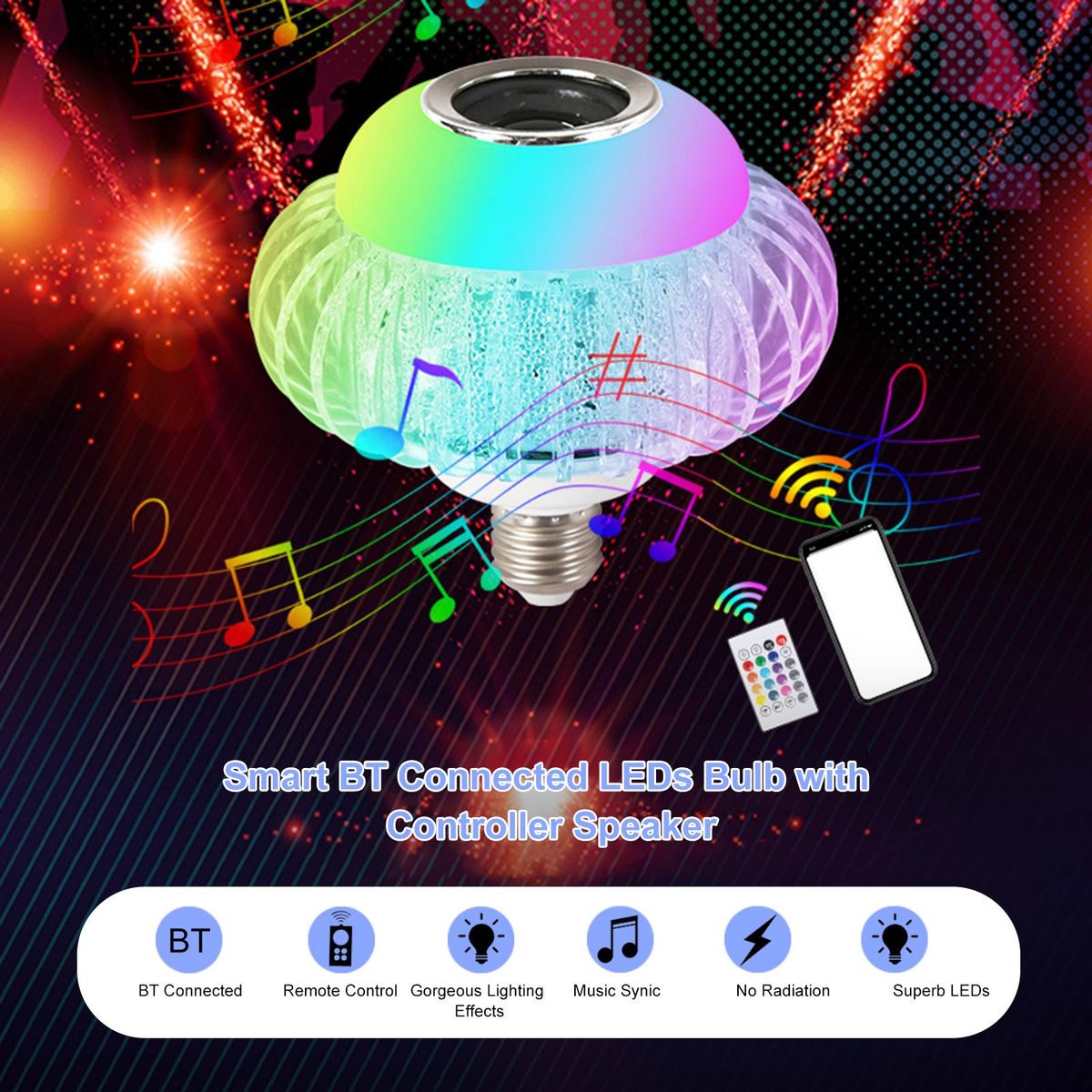 A C85-265V 15W RGB S-mart BT Connected LEDs B-ulb Light with Controller BT Speaker Dimmable Brightness Adjustable Flash/ Strobe/ Fade/ Smooth Diverse Lighting Modes Music Synic E27 Base Socket Holder for Home Party DJ Show De