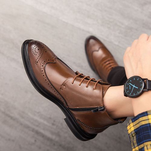 Mens Good Quality PU Leather Zipper Design Ankle Boots-Brown