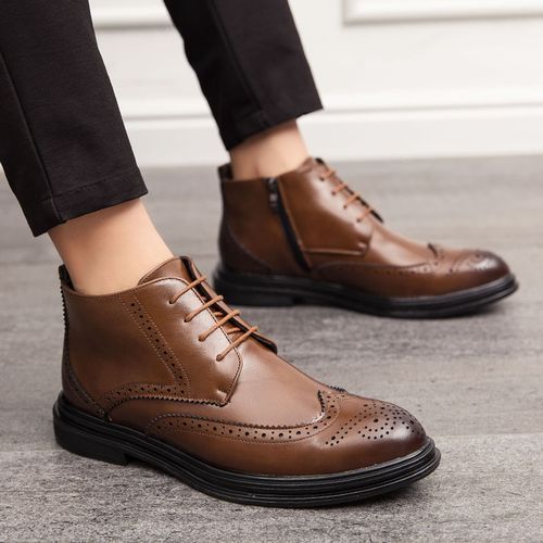 Mens Good Quality PU Leather Zipper Design Ankle Boots-Brown