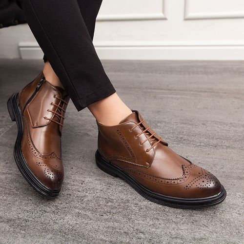 Mens Good Quality PU Leather Zipper Design Ankle Boots-Brown