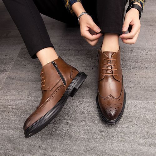Mens Good Quality PU Leather Zipper Design Ankle Boots-Brown