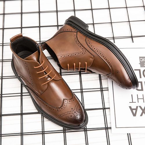 Mens Good Quality PU Leather Zipper Design Ankle Boots-Brown