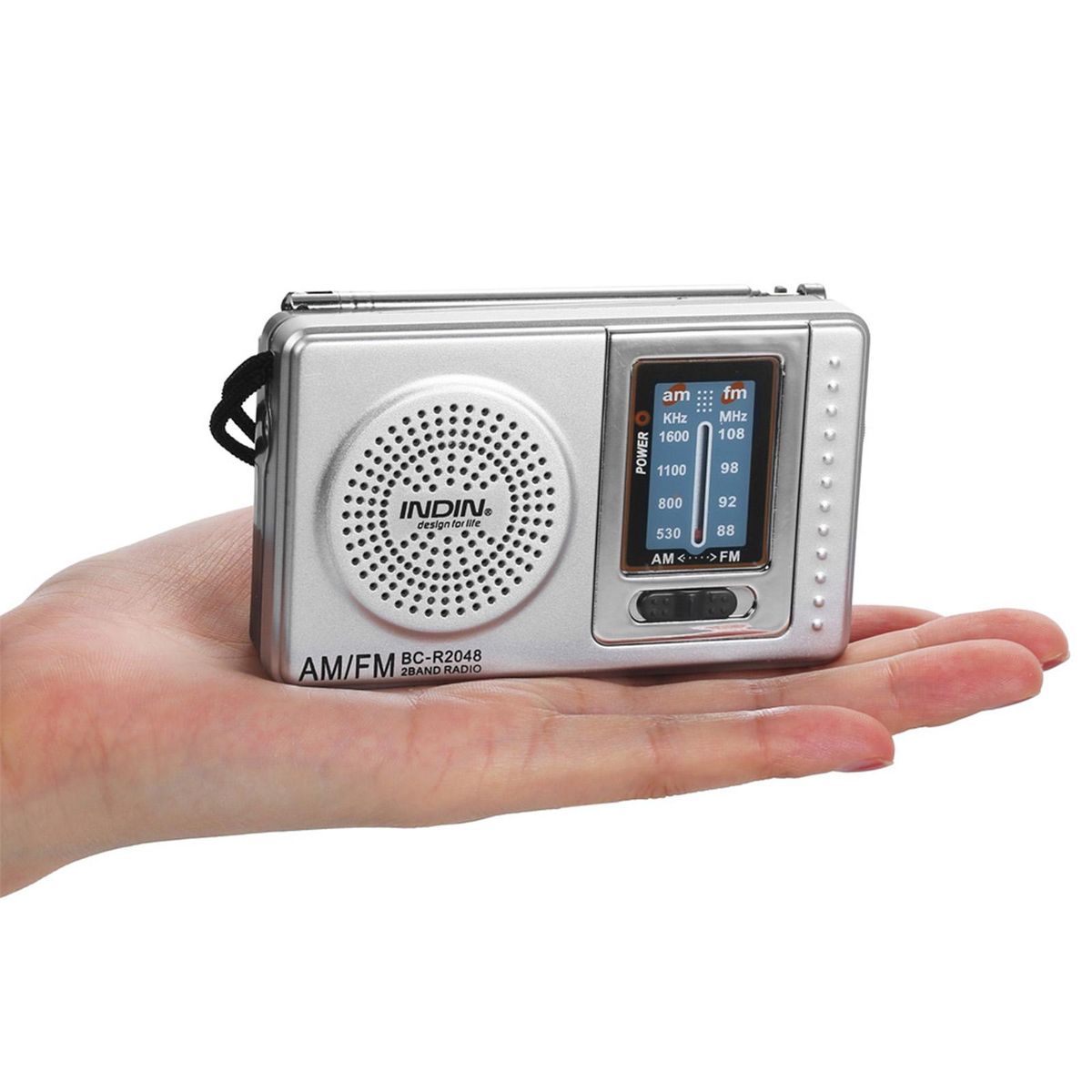 INDIN BC-R2048 Mini AM FM Radio 2 Band Radio Receiver Portable Pocket Radio Built-in Speaker w/ Headphone Jack Telescopic Antenna