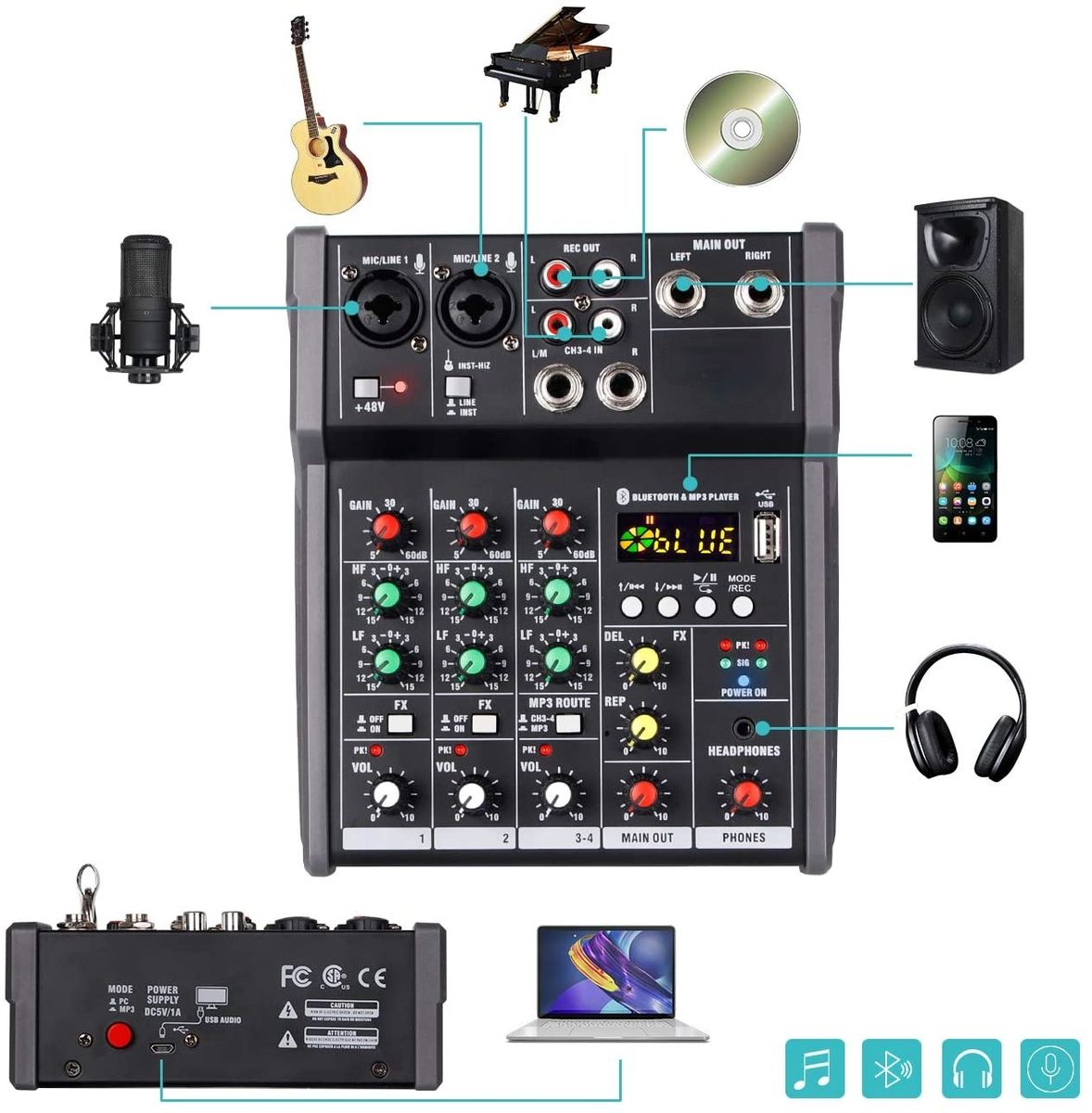 Sound Mixing Console Bluetooth USB Record Computer Playback