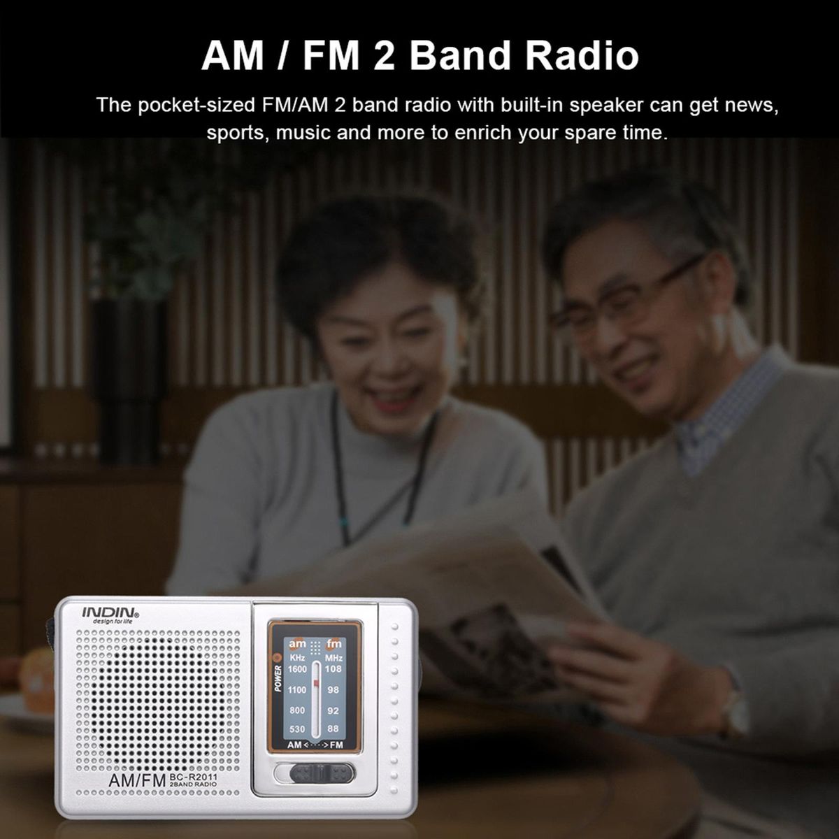 INDIN BC-R2011 Mini AM FM Radio 2 Band Radio Receiver Portable Pocket Radio Built-in Speaker w/ Headphone Jack Telescopic Antenna