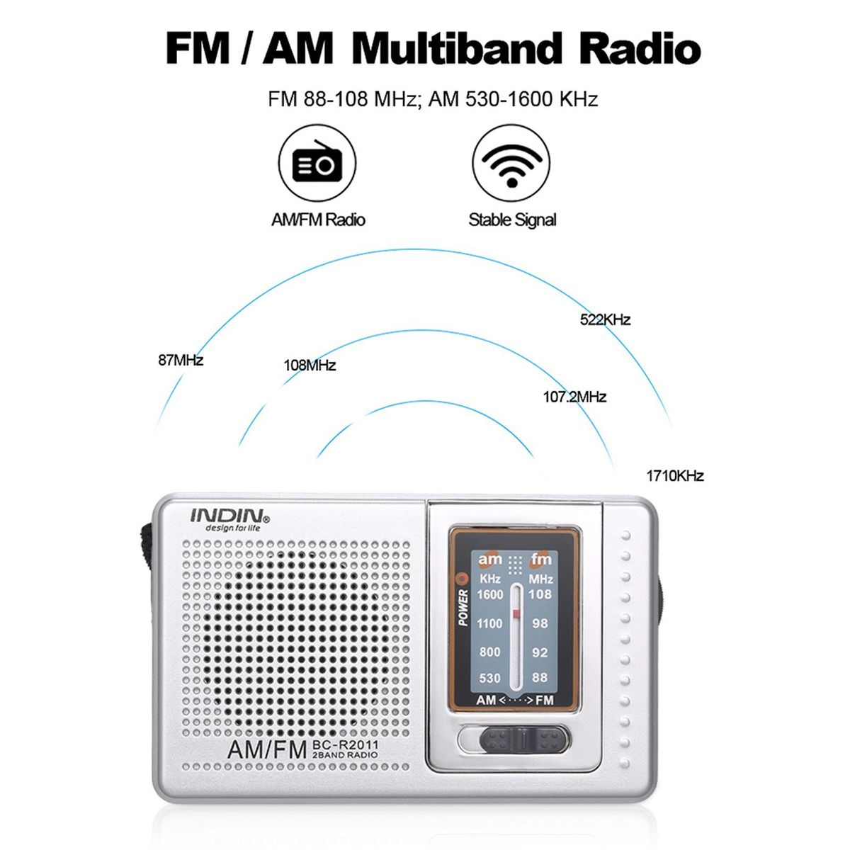 INDIN BC-R2011 Mini AM FM Radio 2 Band Radio Receiver Portable Pocket Radio Built-in Speaker w/ Headphone Jack Telescopic Antenna